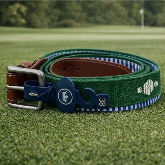 Peter Millar Crown Seal Green Canvas Leather Belt 38 Mens Embroidered 1966 Logo